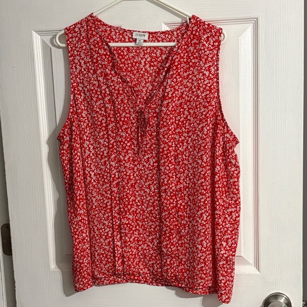 J. Crew Red Floral Sleeveless V-Neck Tank with Tie Top Size XL